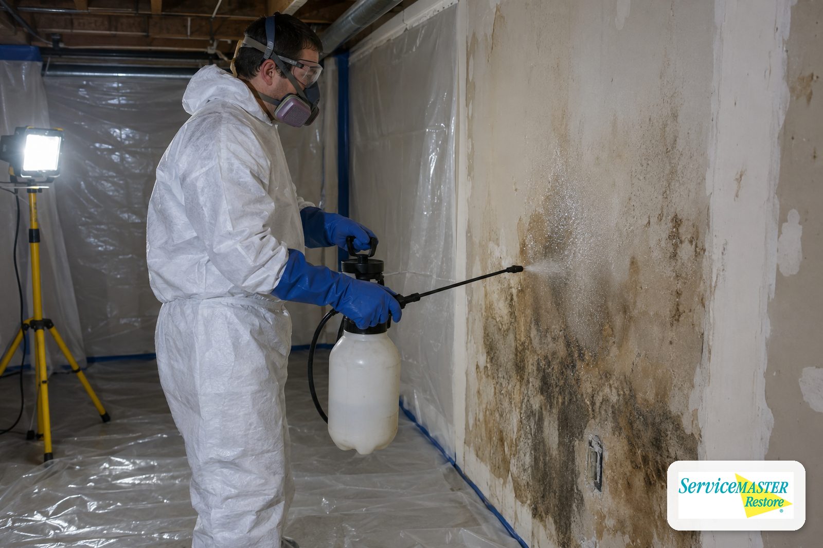 Technician in coverall and respirator misting stained drywall inside plastic containment