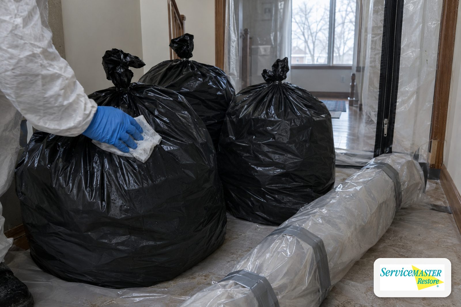 Sealed heavy plastic debris bags and a plastic-wrapped item staged at a containment door