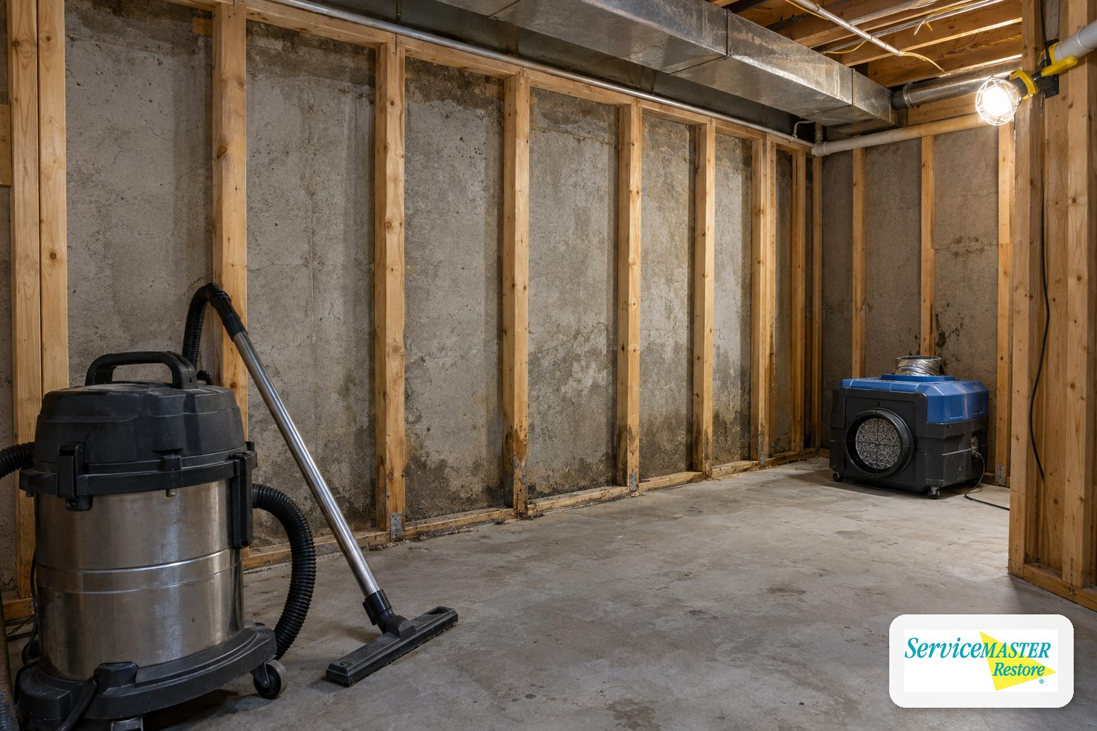 Basement utility room with exposed studs, a HEPA vacuum and an air scrubber after drywall removal