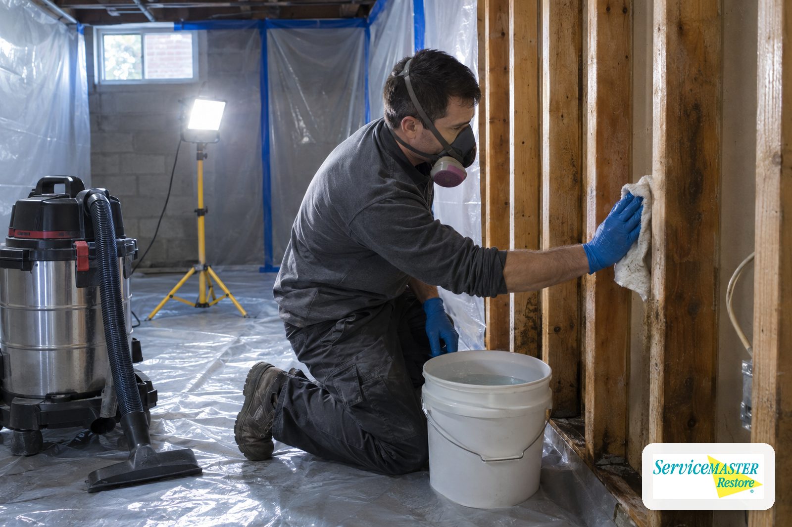 Gloved technician damp-wiping exposed wood studs inside plastic containment