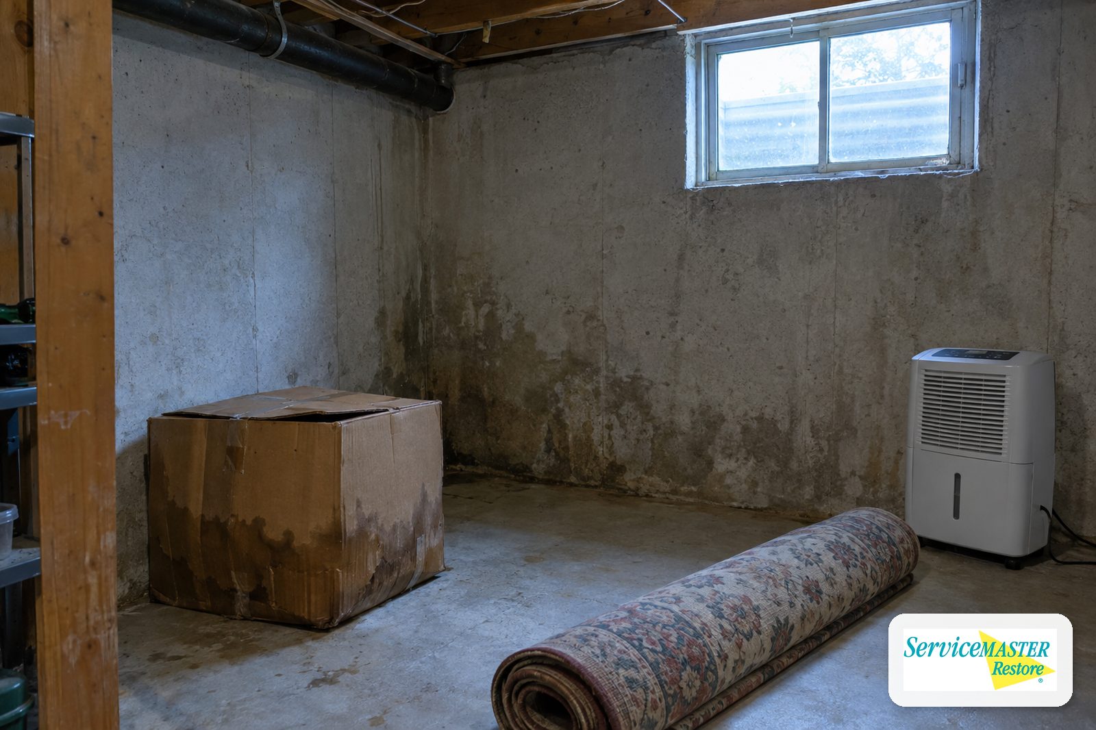 Damp stained cardboard box and rolled rug on a basement floor beside a dehumidifier