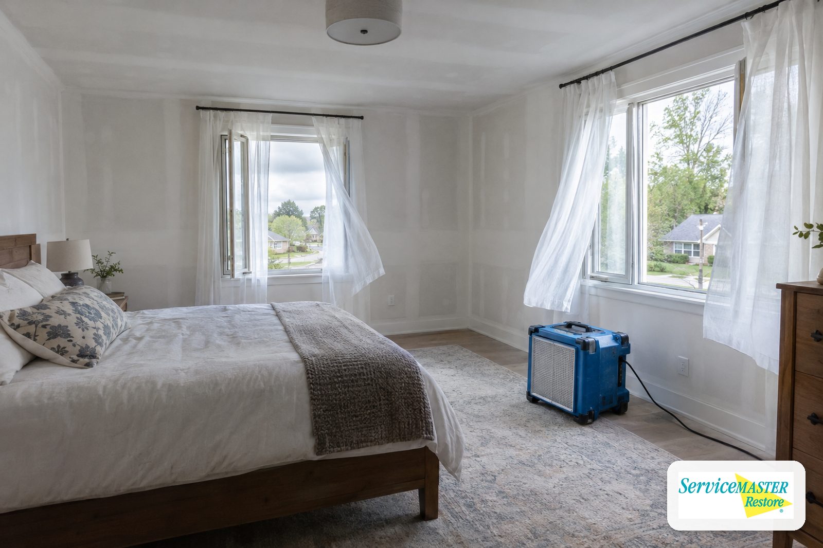 Freshly repaired bedroom with primed drywall, open windows and an air scrubber running