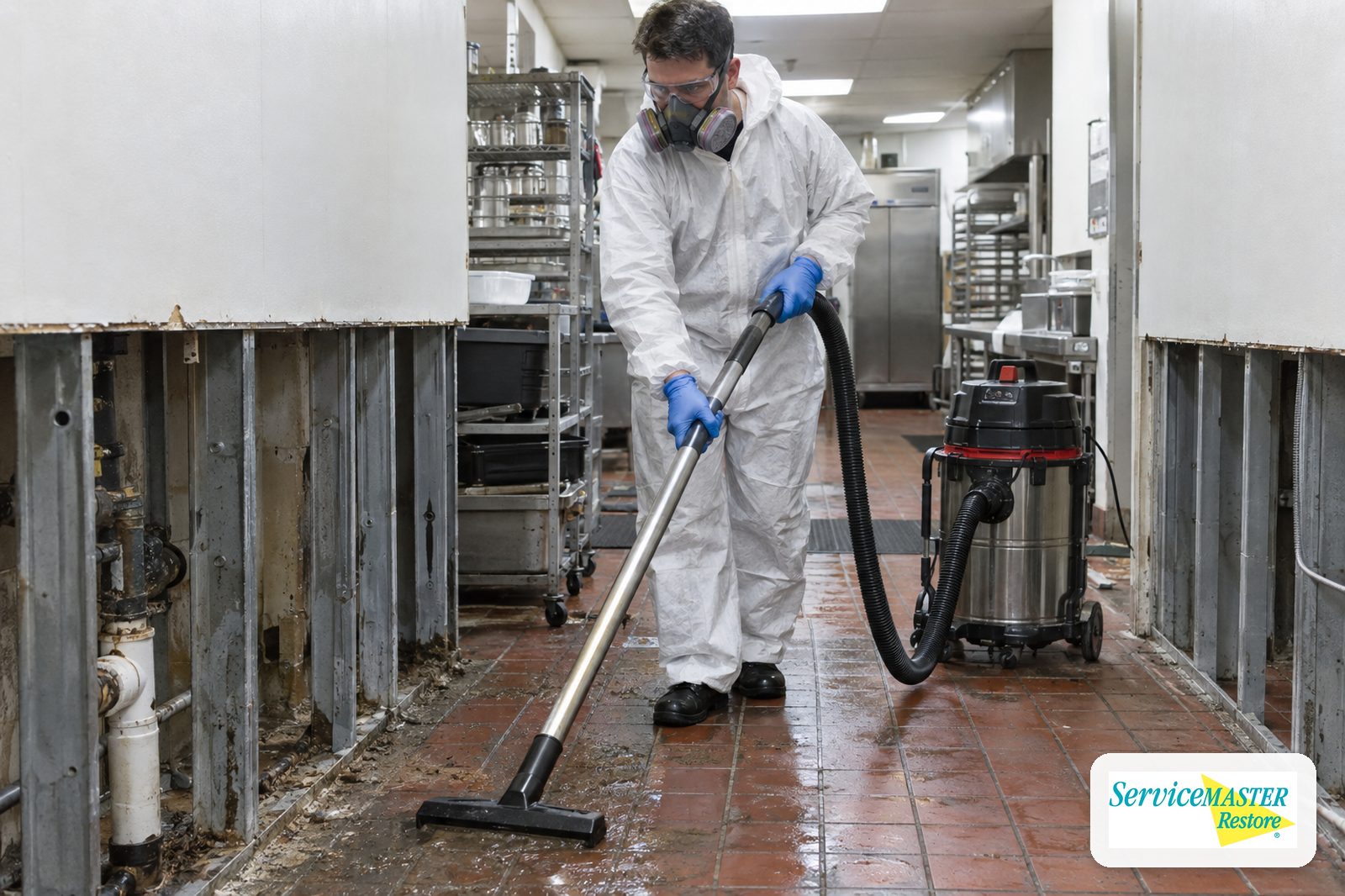 Technician in protective equipment HEPA vacuuming a restaurant corridor floor after a drain backup