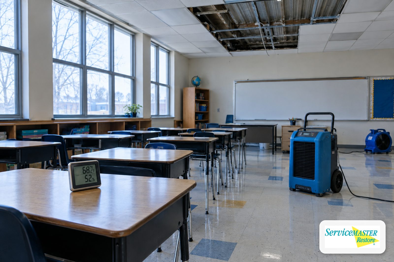 Commercial dehumidifier drying an empty classroom with ceiling tiles removed