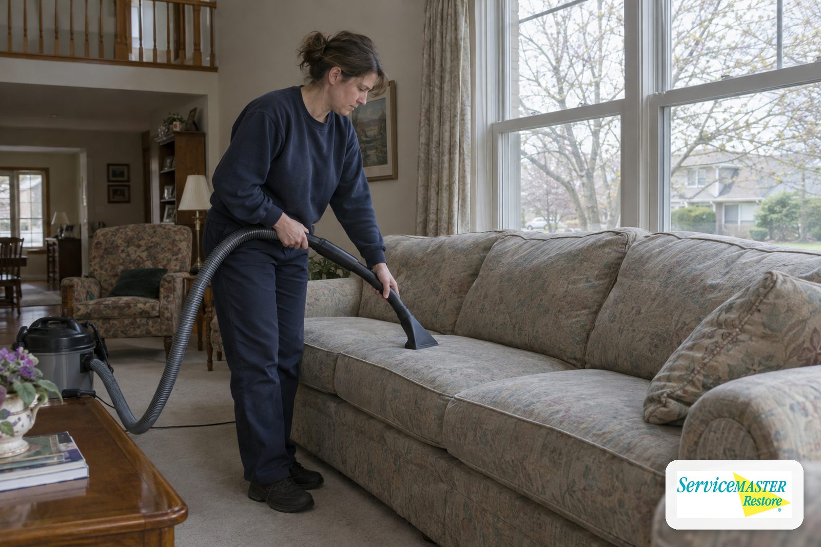 Cleaner vacuuming a sofa with a hose attachment in a living room with closed windows in early spring