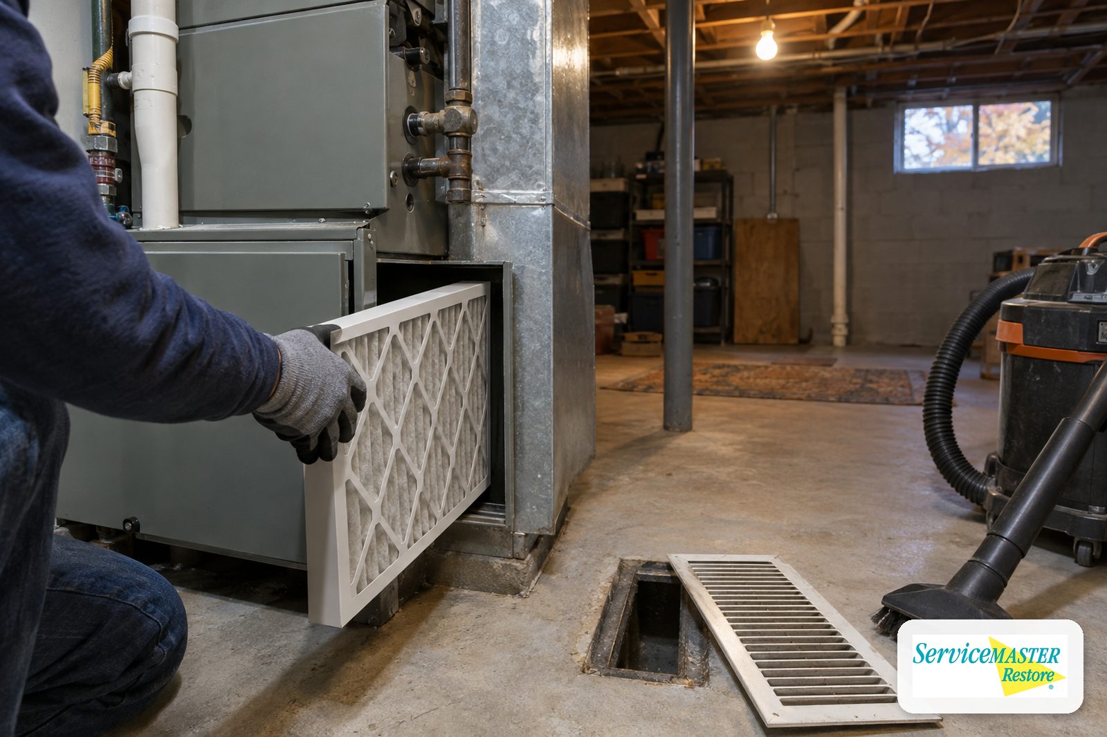 Gloved hand inserting a new pleated air filter into a basement furnace