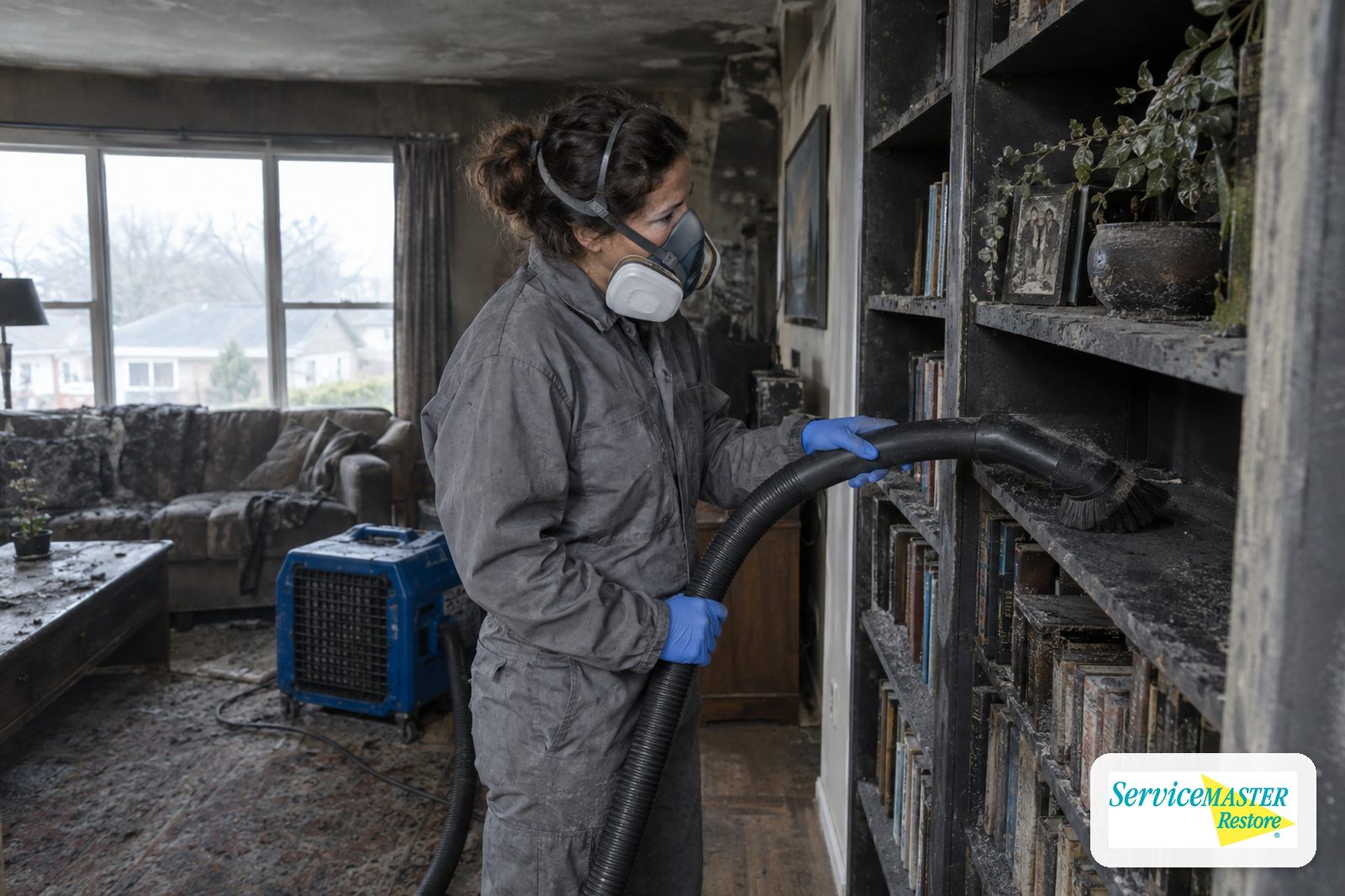 Technician in a respirator HEPA-vacuuming soot from a bookshelf with a brush attachment