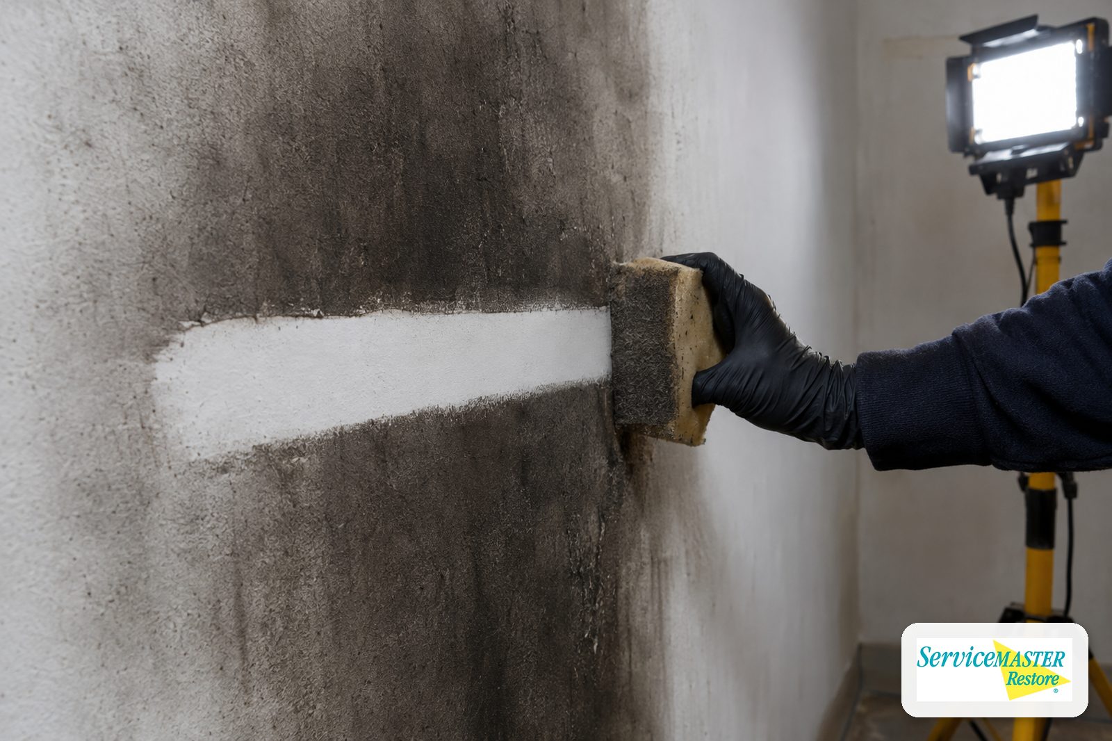 Gloved hand pulling a dry soot sponge across a soot-darkened wall leaving a clean stripe