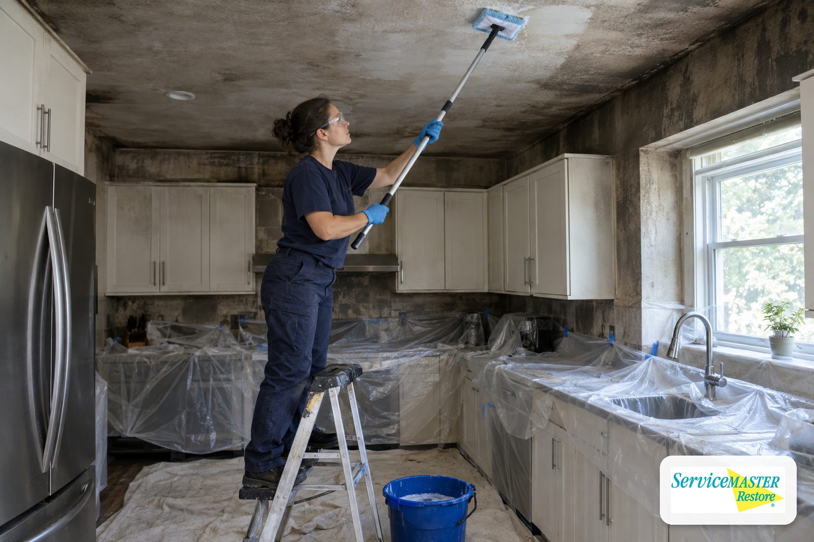 Worker on a stepladder wet-cleaning a smoke-stained kitchen ceiling above plastic-covered counters