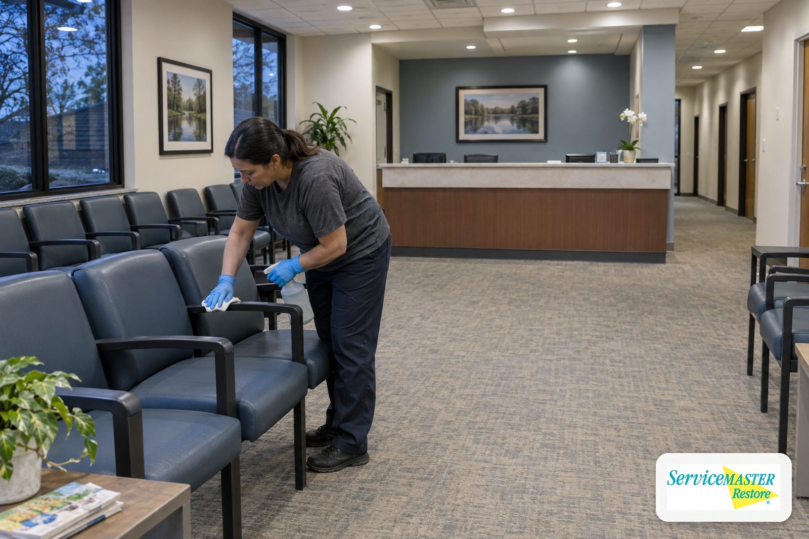 Cleaner in gloves wiping a vinyl chair arm in an empty medical office waiting room