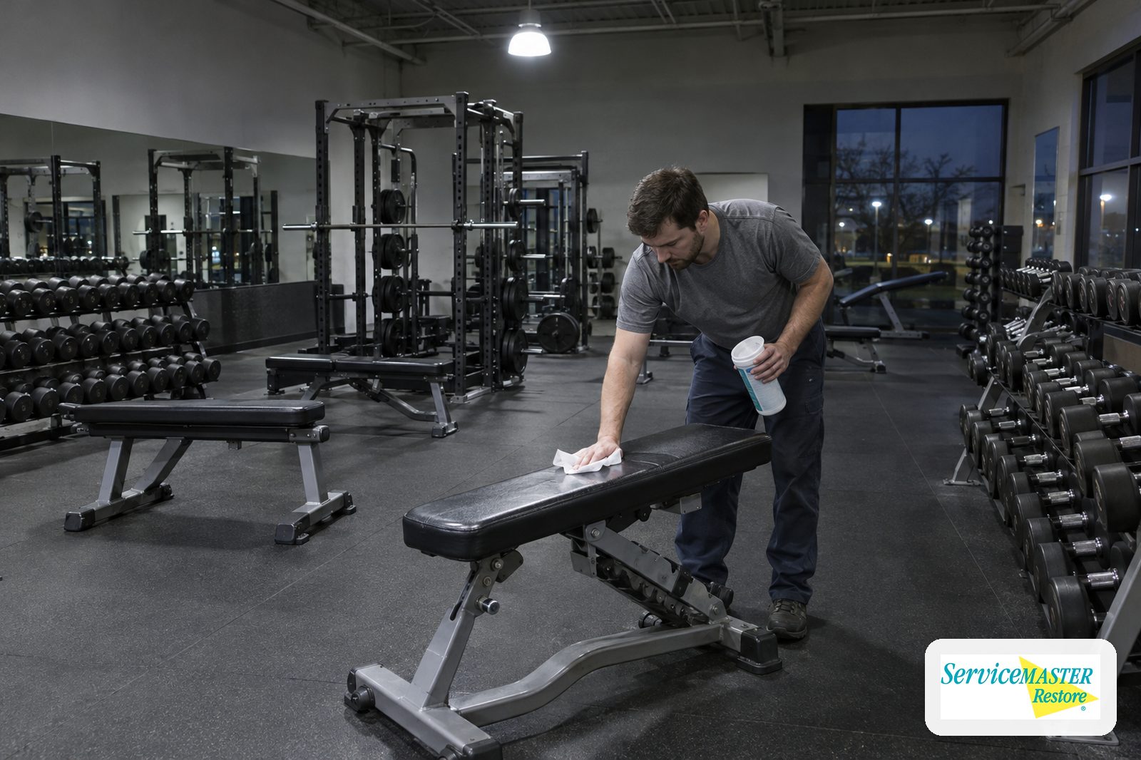Worker wiping a padded weight bench in an empty gym with rubber flooring