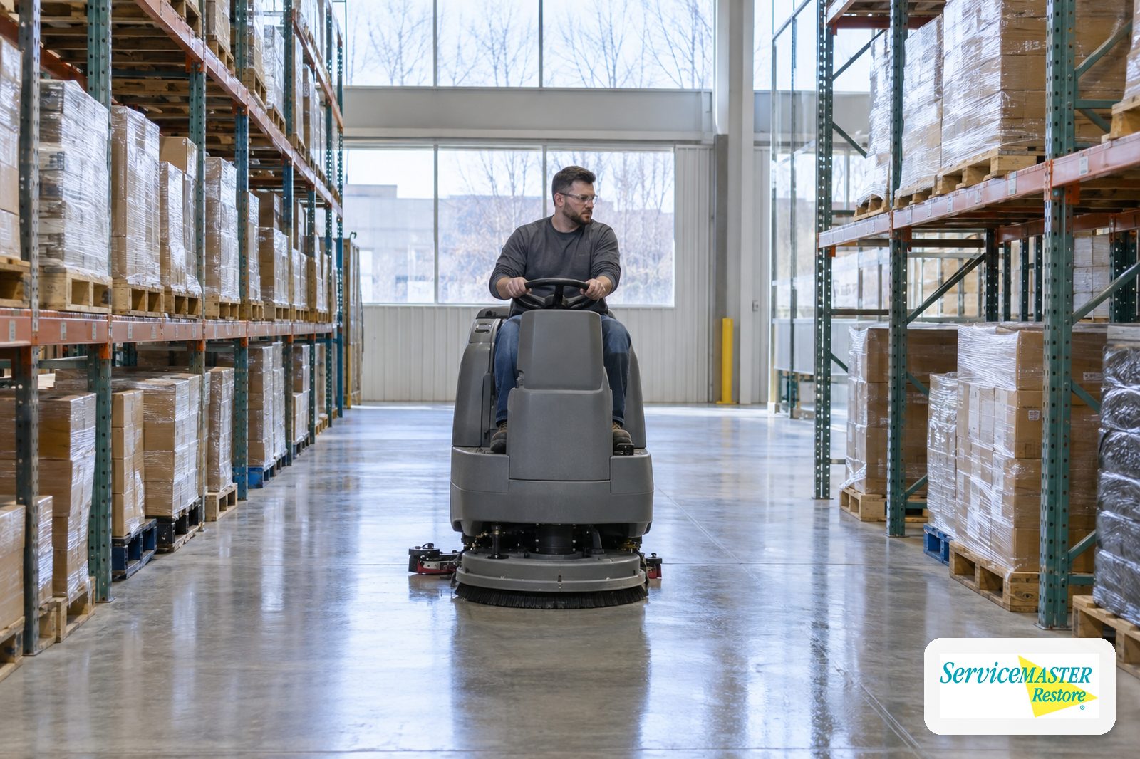 Ride-on floor scrubber cleaning a concrete aisle between warehouse pallet racks