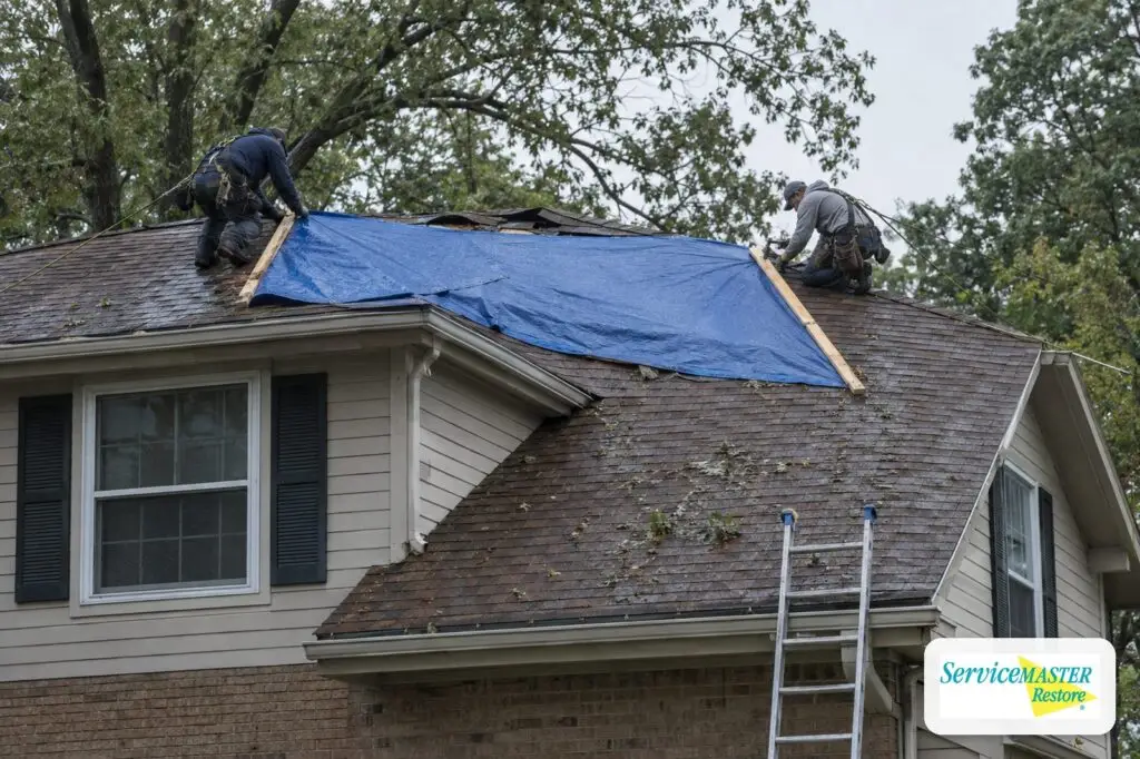Workers securing a blue tarp over a storm-damaged shingle roof on a suburban home