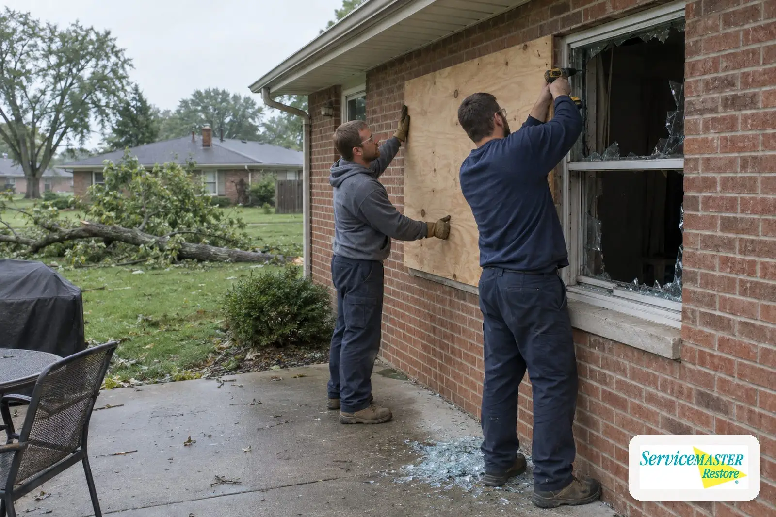 Worker fastening plywood over a broken window after storm damage