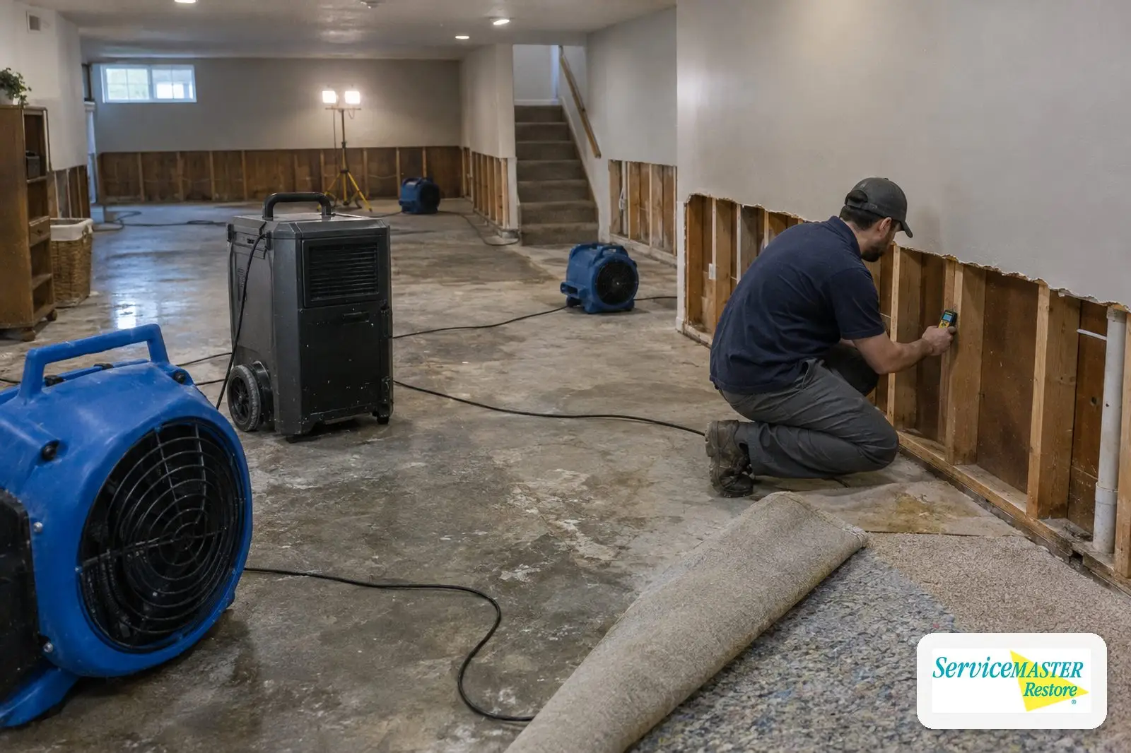 Drying equipment and moisture meter in a basement after storm water intrusion