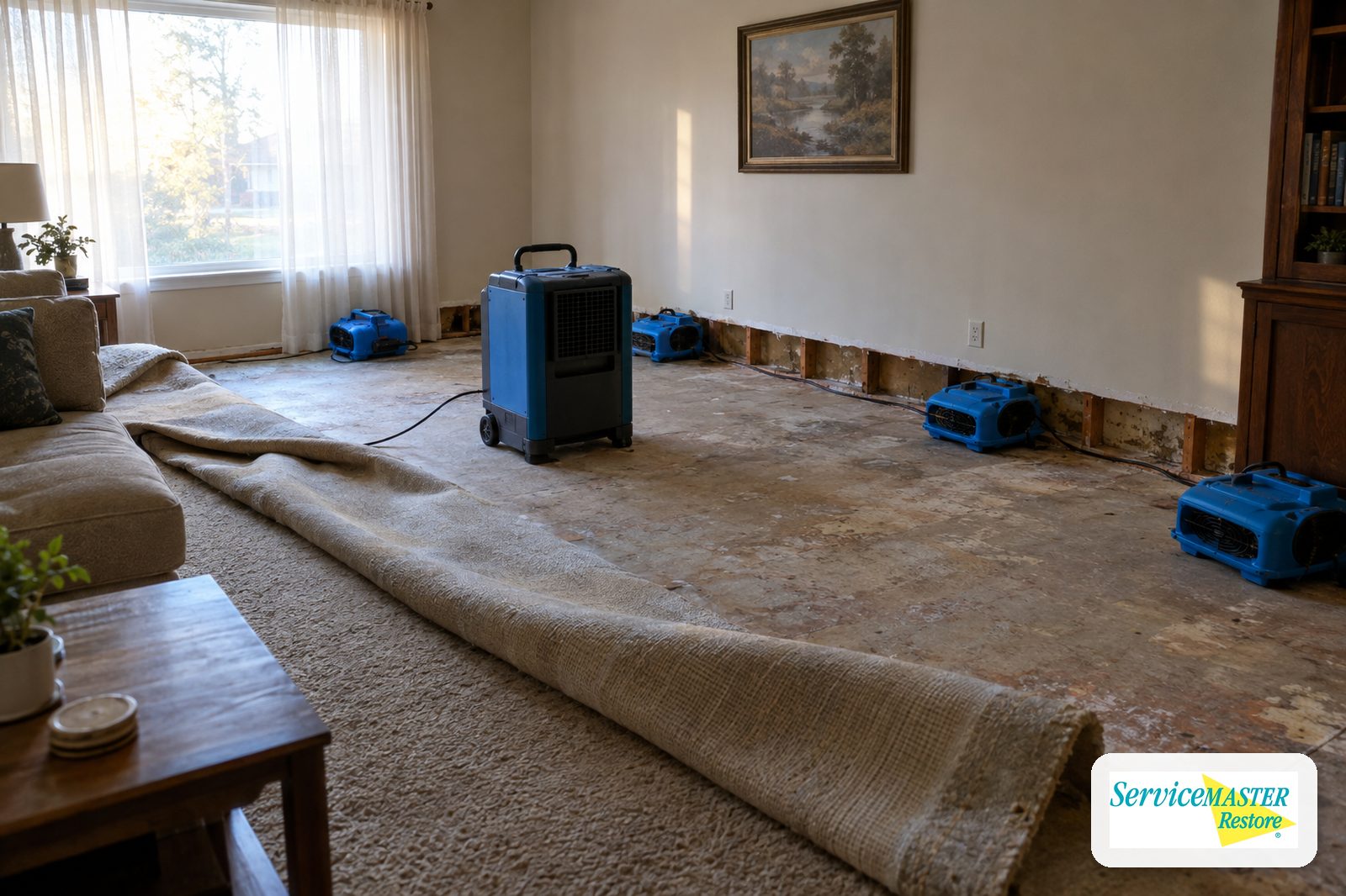 Air movers along a wall and an LGR dehumidifier drying a carpeted living room