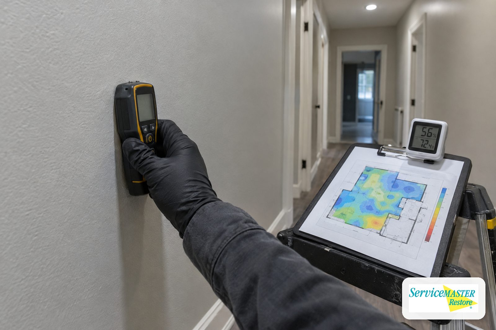 Pinless moisture meter held against a drywall hallway wall beside a clipboard moisture map