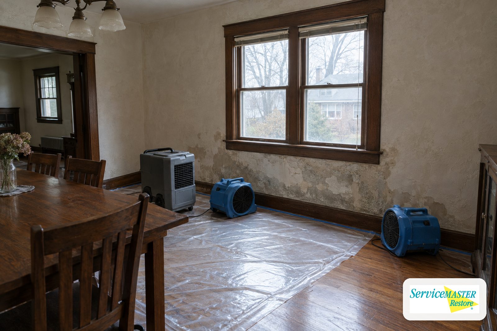 Dehumidifier and air movers drying a damp plaster wall in an older home