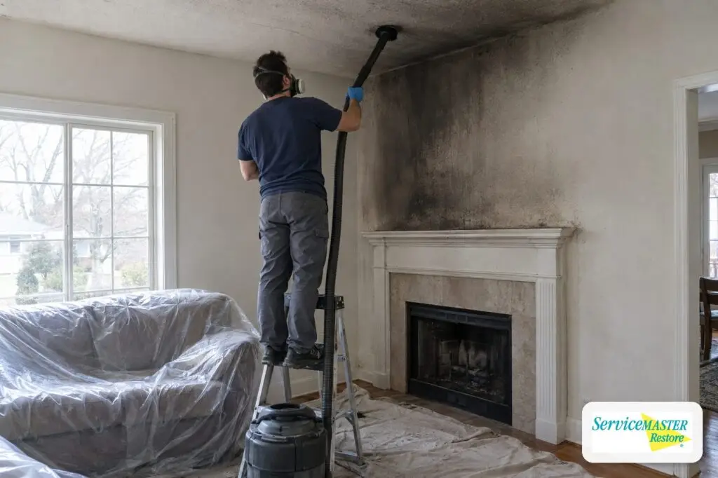 Technician HEPA vacuuming soot from a living room ceiling after a house fire