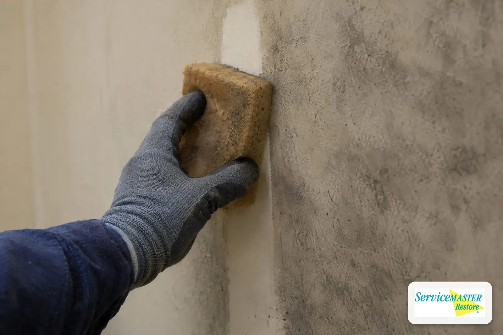 Dry chemical sponge lifting powdery dry smoke residue from a painted wall