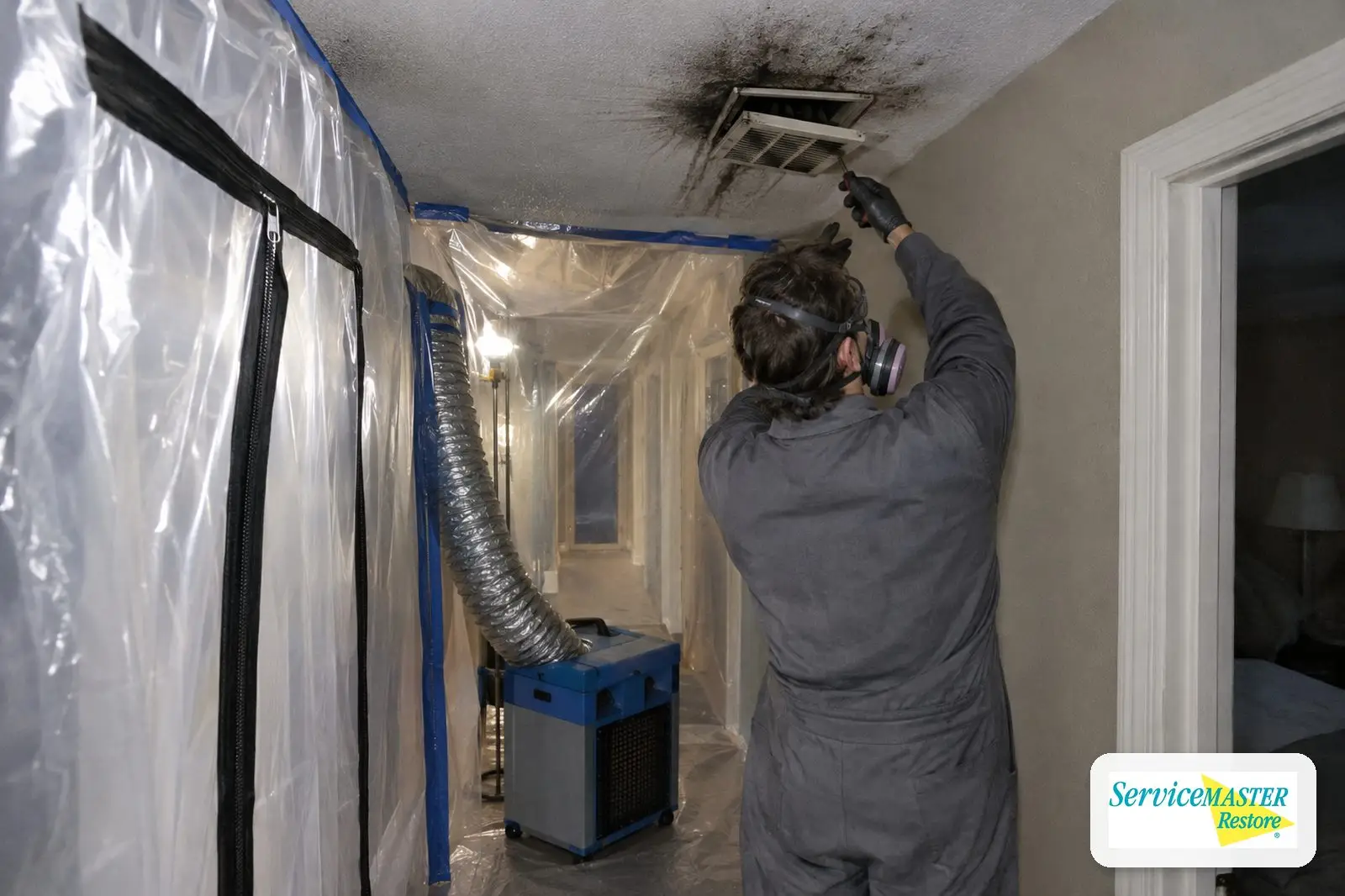 Plastic containment and HEPA air scrubber set up during smoke and soot cleanup