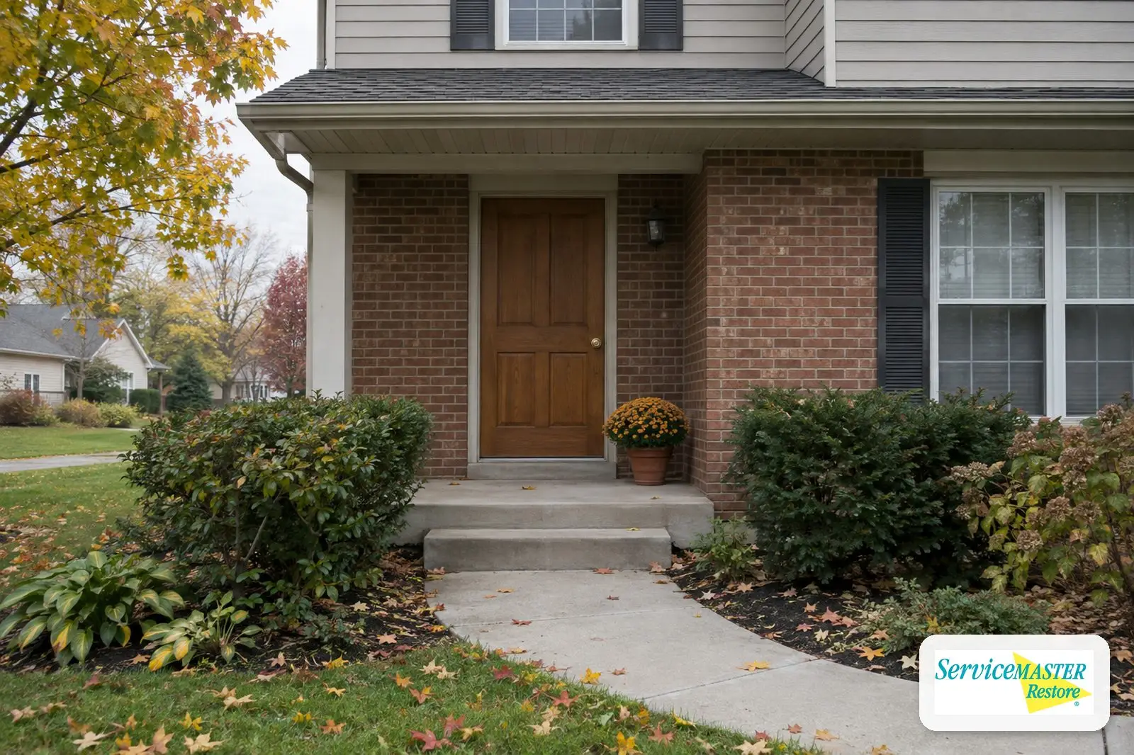 Closed front door of a quiet suburban brick home on an overcast autumn day