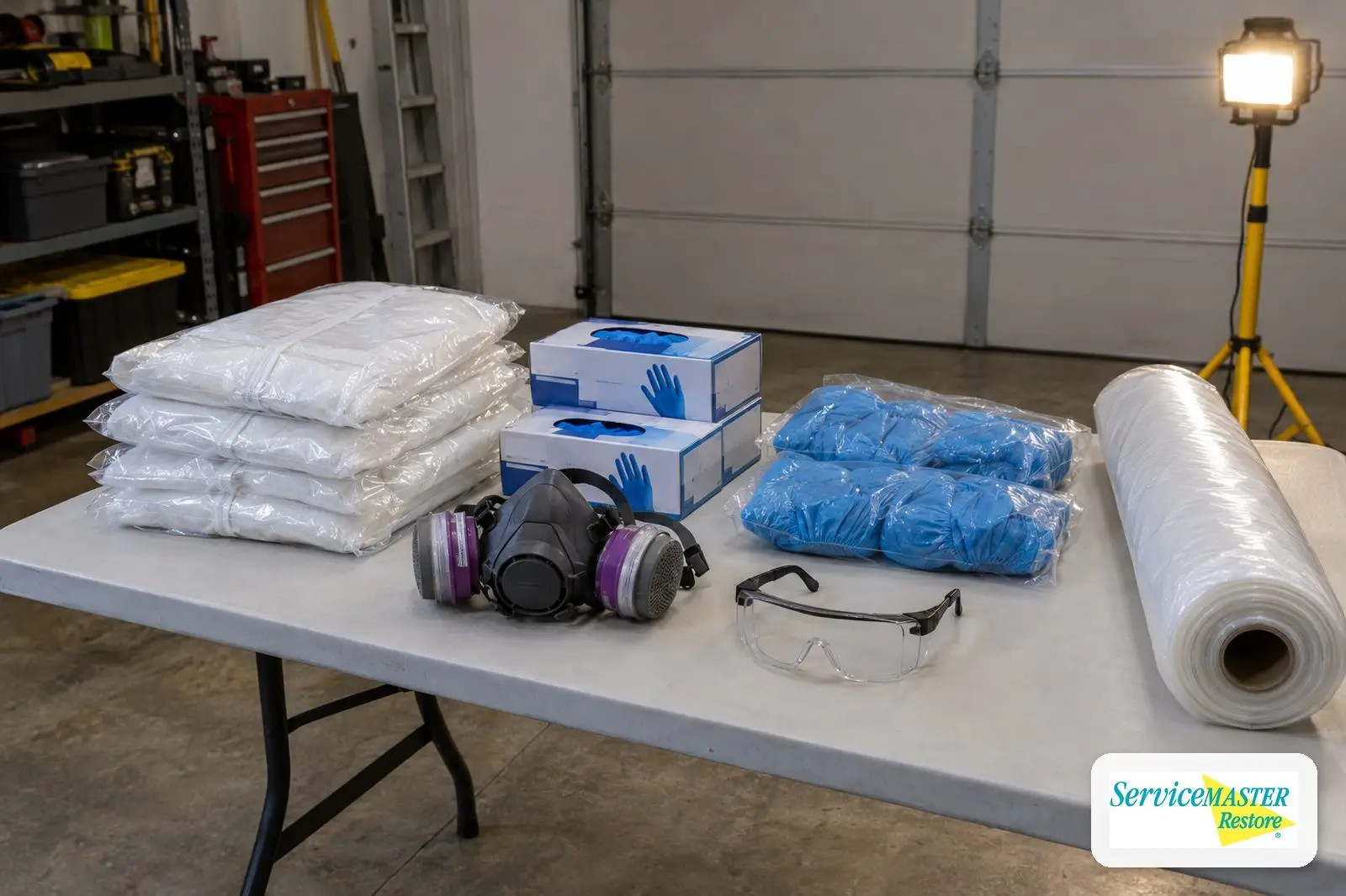 Unused protective coveralls, nitrile gloves, respirator, and goggles laid out neatly on a table