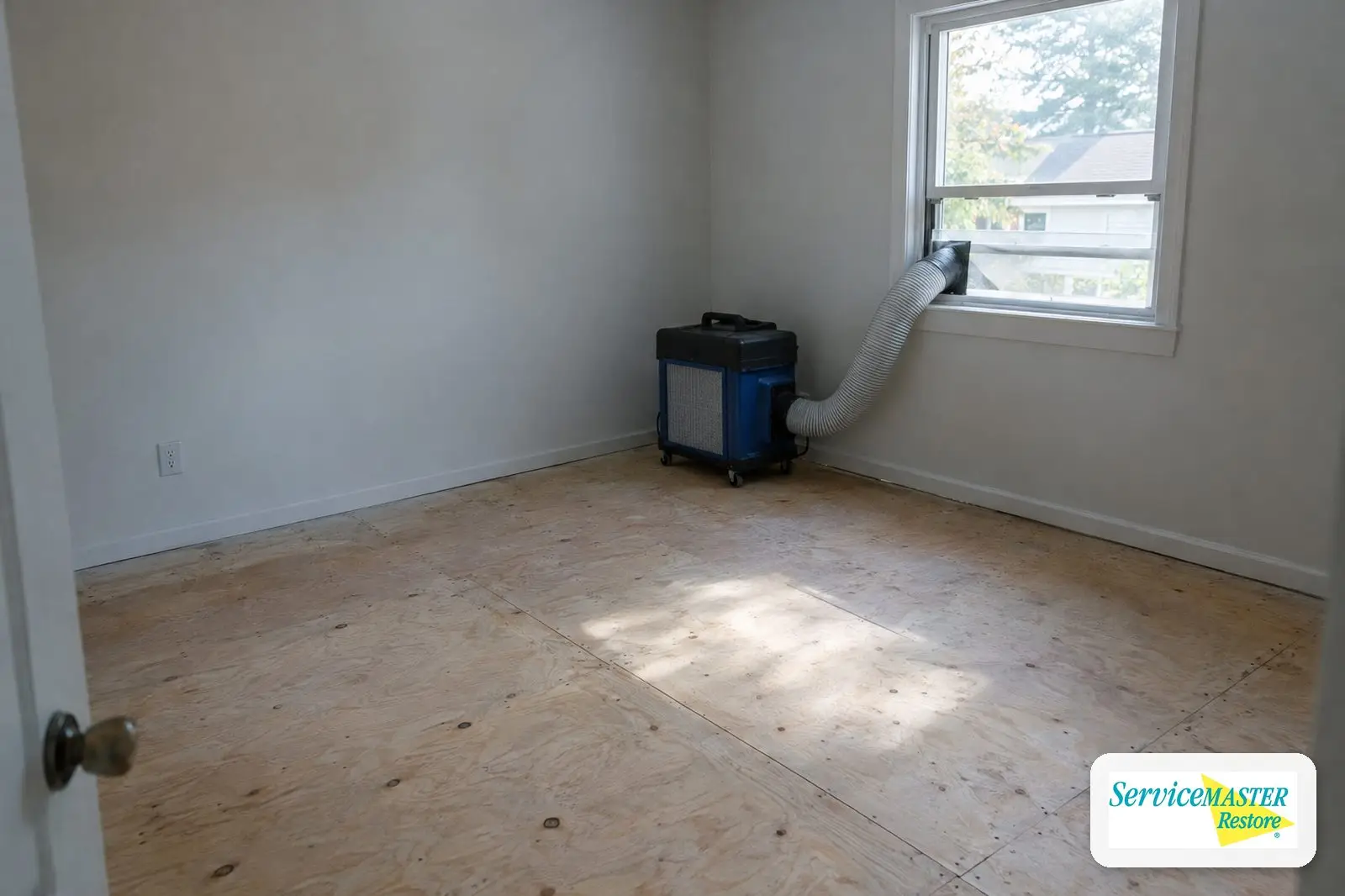Empty, tidy bedroom with bare subfloor and an air filtration unit running near the window