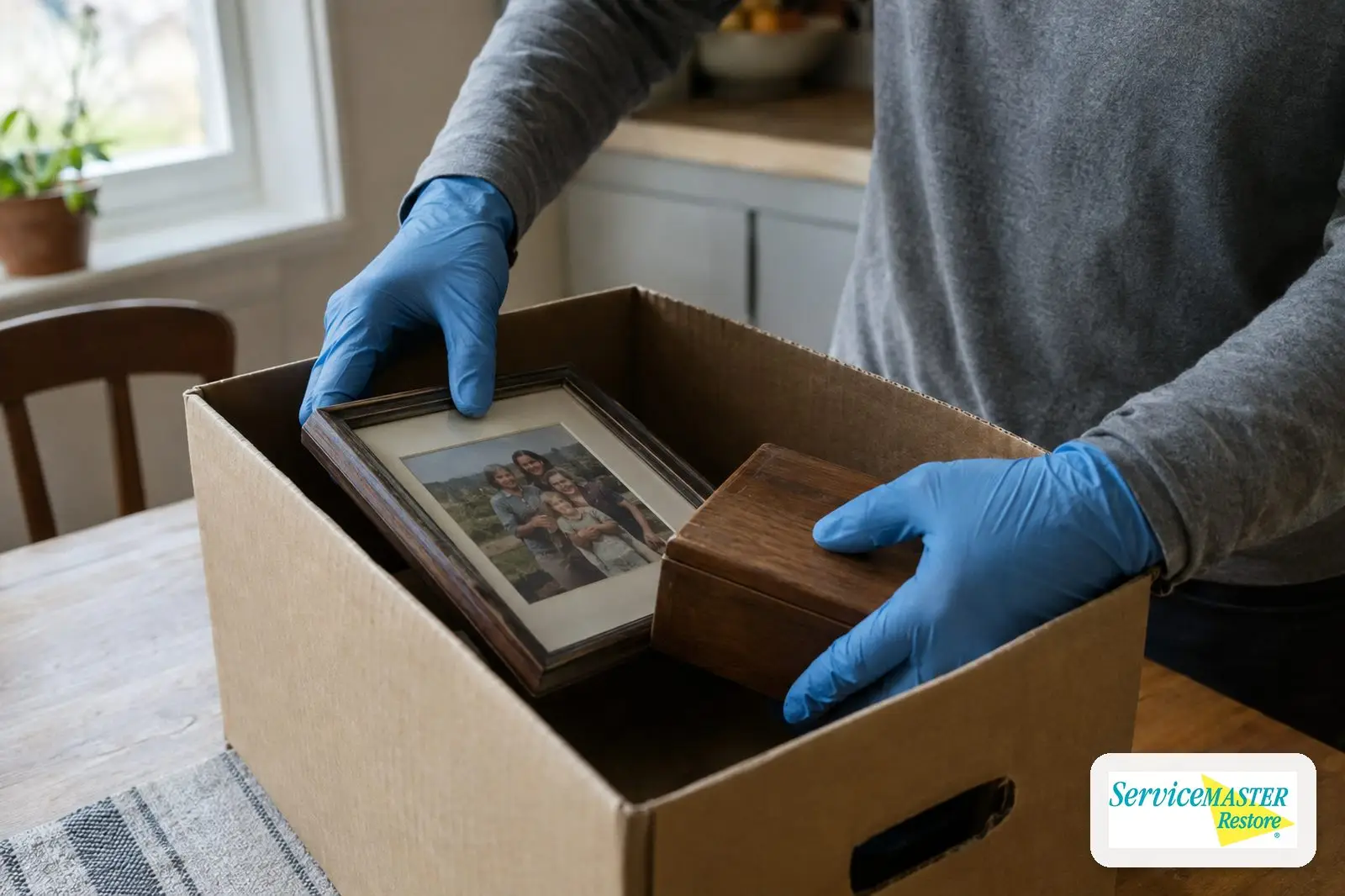 Gloved hands placing a framed photo and keepsake box into a clean storage box