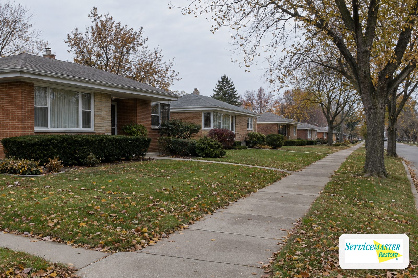 Row of 1950s single-story brick ranch homes on a tree-lined suburban street under an overcast sky