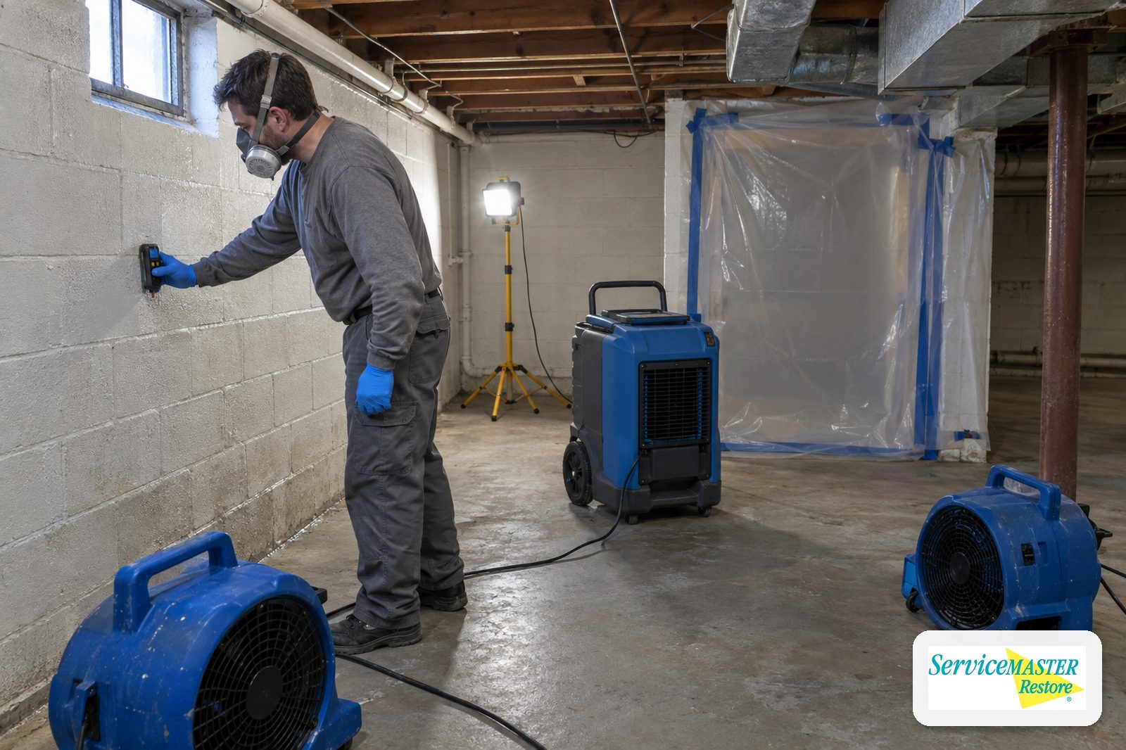 Technician in gloves and respirator using a moisture meter on a basement block wall with air movers and a dehumidifier running