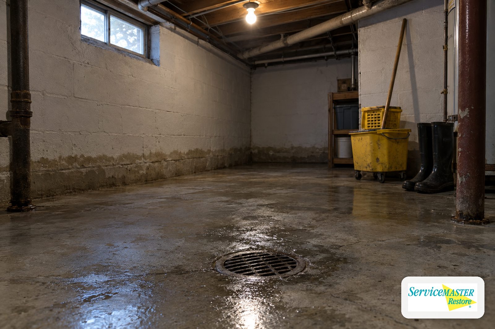 Wet concrete basement floor around a floor drain with a faint waterline on the wall