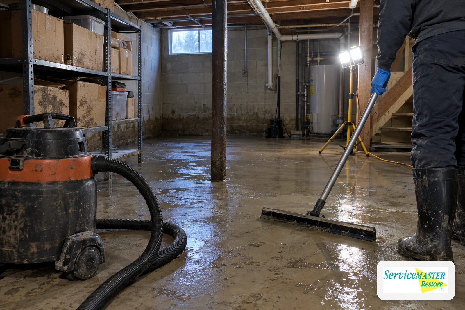 Basement floor with a layer of silt after flooding, a wet-dry vacuum and boxes on a raised shelf