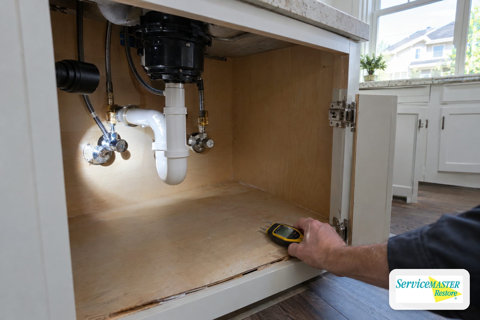 Moisture meter on a swollen sink cabinet floor in a new home's kitchen