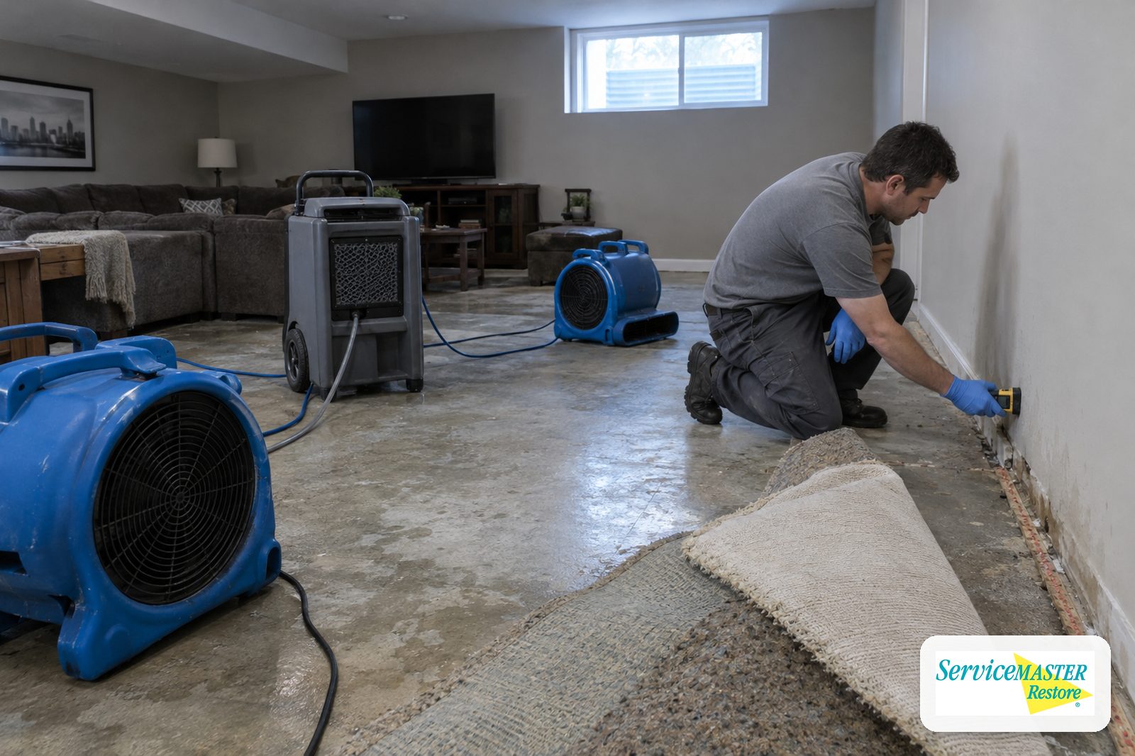 Finished basement with carpet pulled back, air movers and a dehumidifier running while a technician checks drywall with a moisture meter