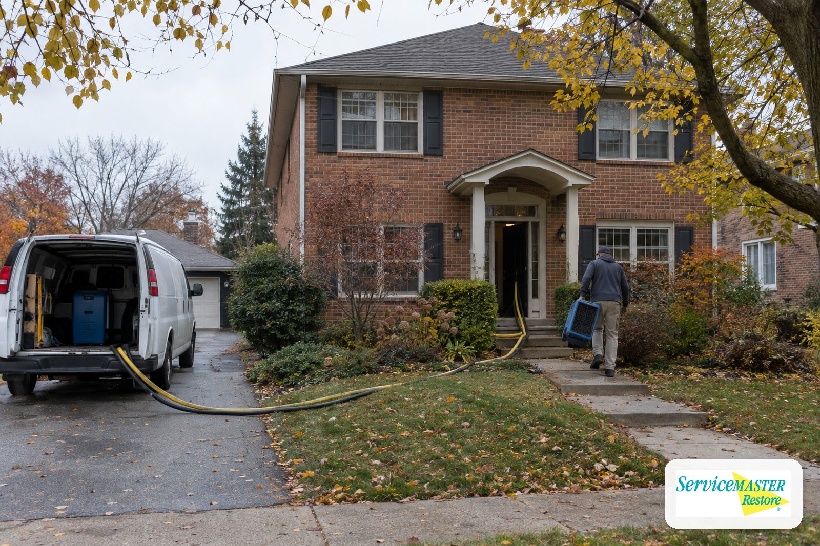 Unmarked work van in the driveway of a two-story brick home with a technician carrying a dehumidifier to the door