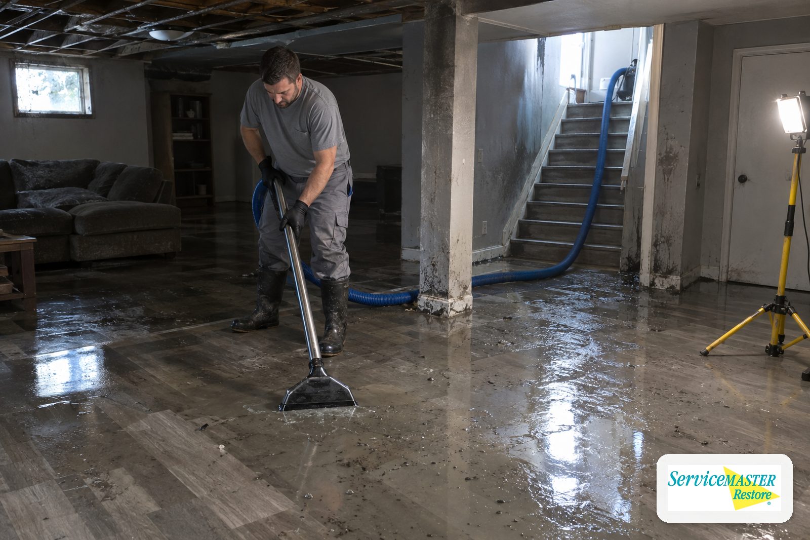 Technician in rubber boots extracting grey sooty water from a finished basement floor