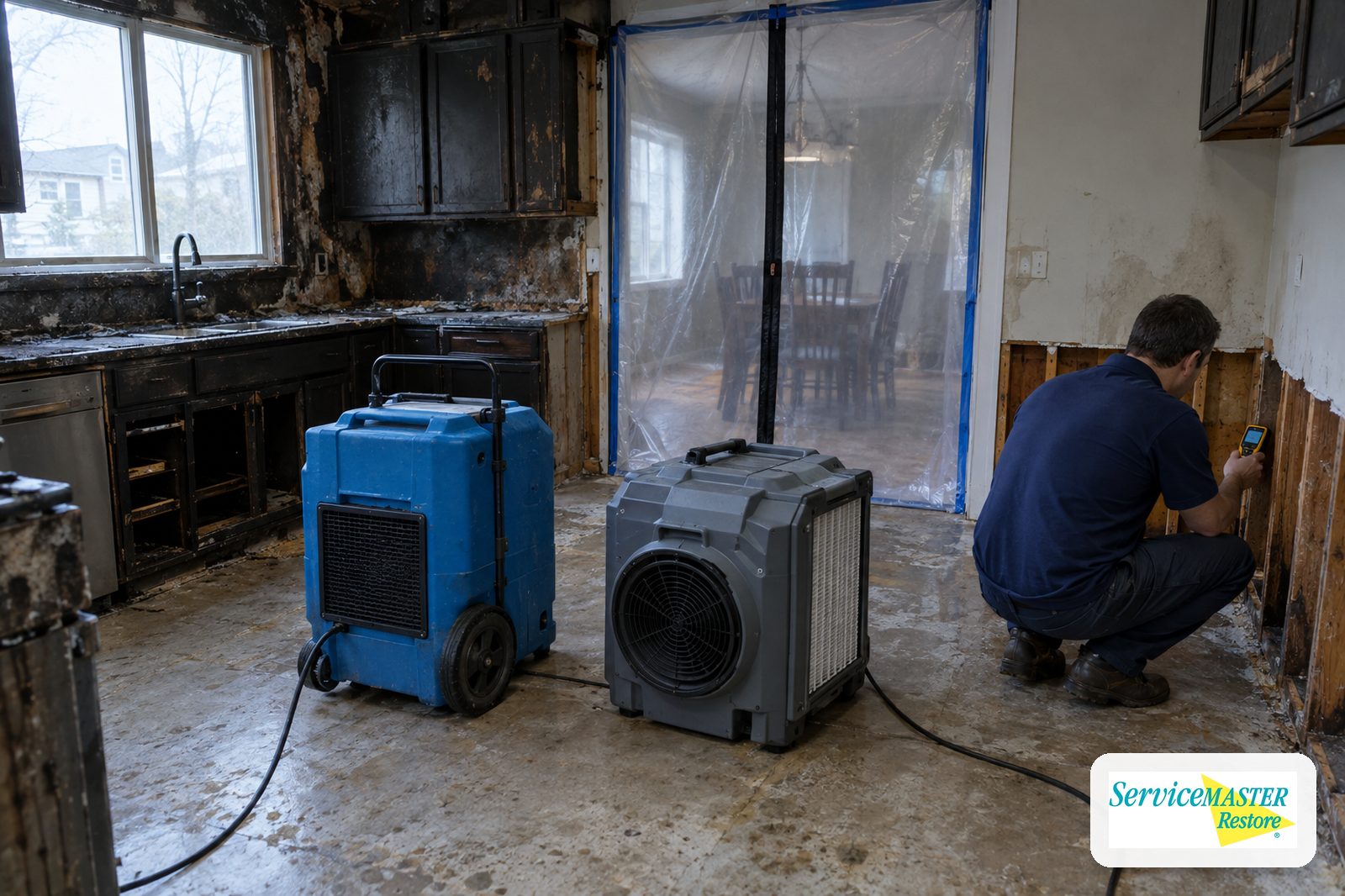 Dehumidifier and HEPA air scrubber running behind plastic containment while a technician checks moisture