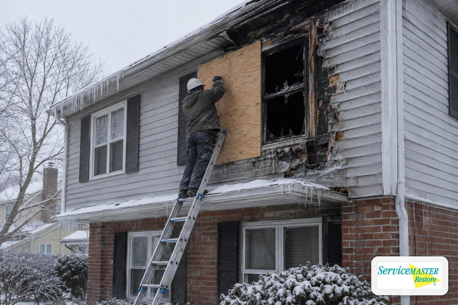 Worker on a ladder boarding a broken upstairs window of a house on a snowy winter morning