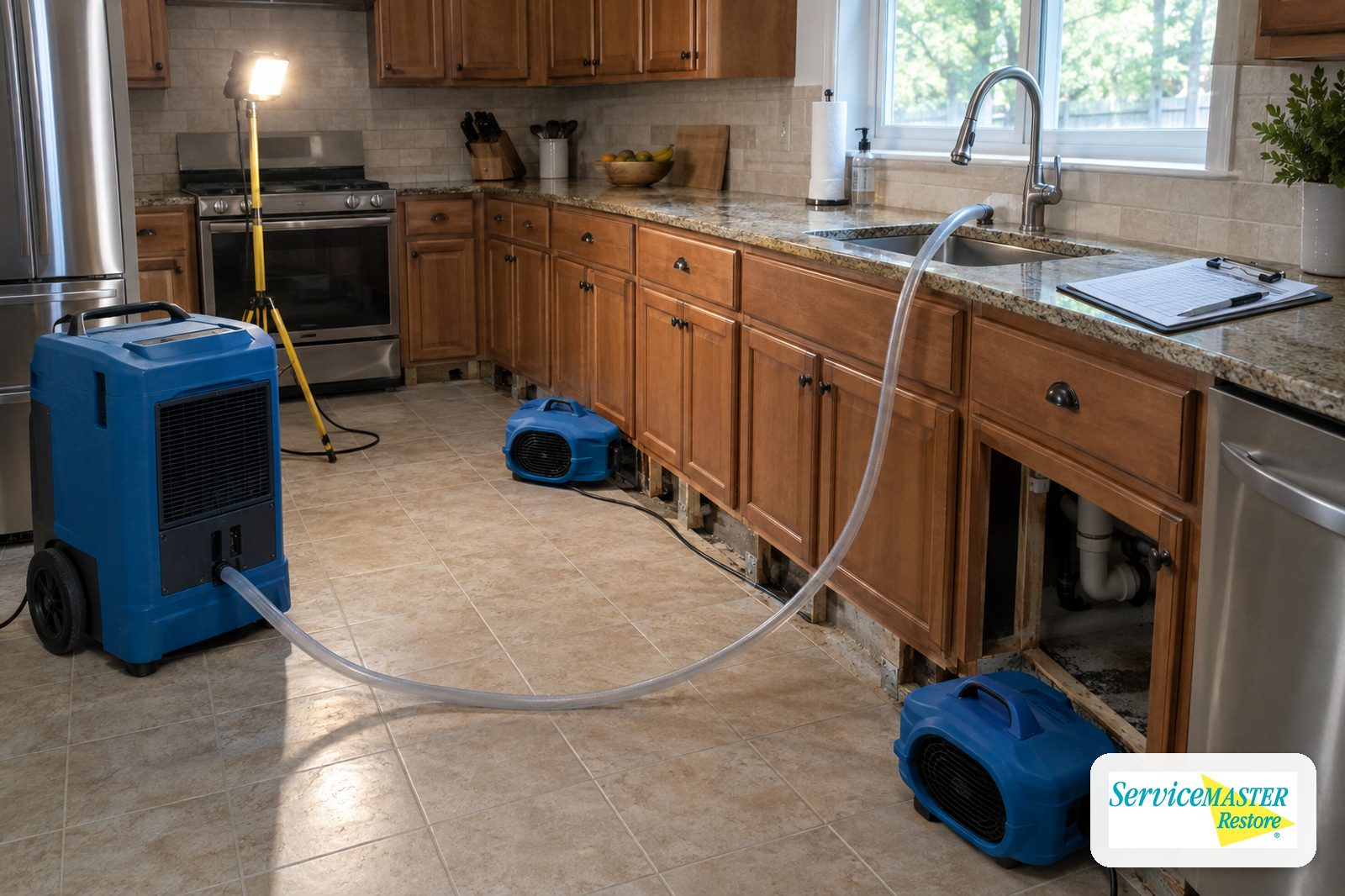 Kitchen with cabinet toe-kicks removed, air movers and a dehumidifier running, and a drying log on the counter