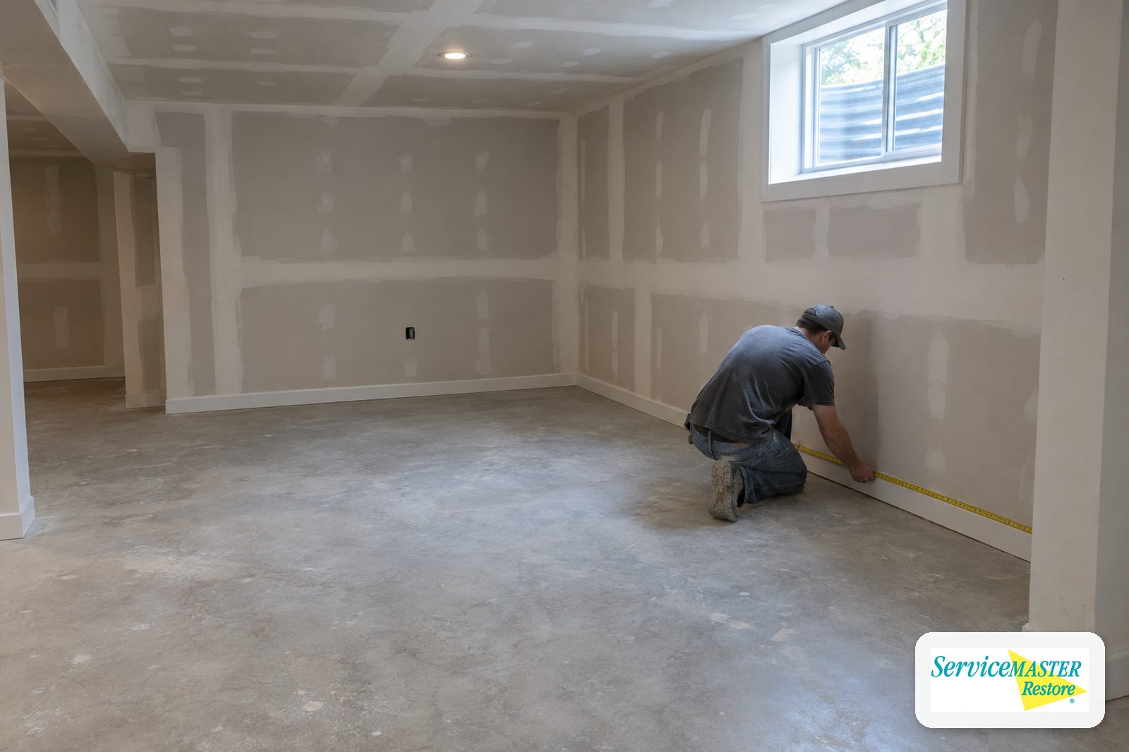 Basement with new taped drywall and a worker measuring for baseboard after drying