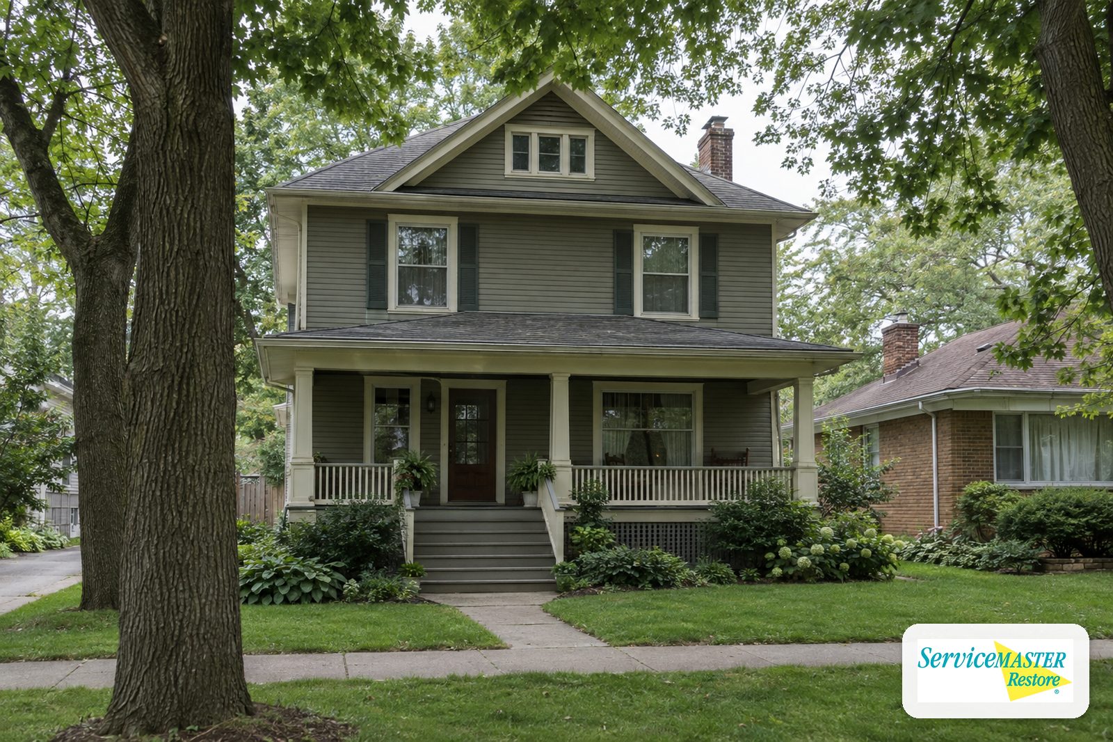 Prewar two-story frame house with a front porch on a tree-lined suburban street