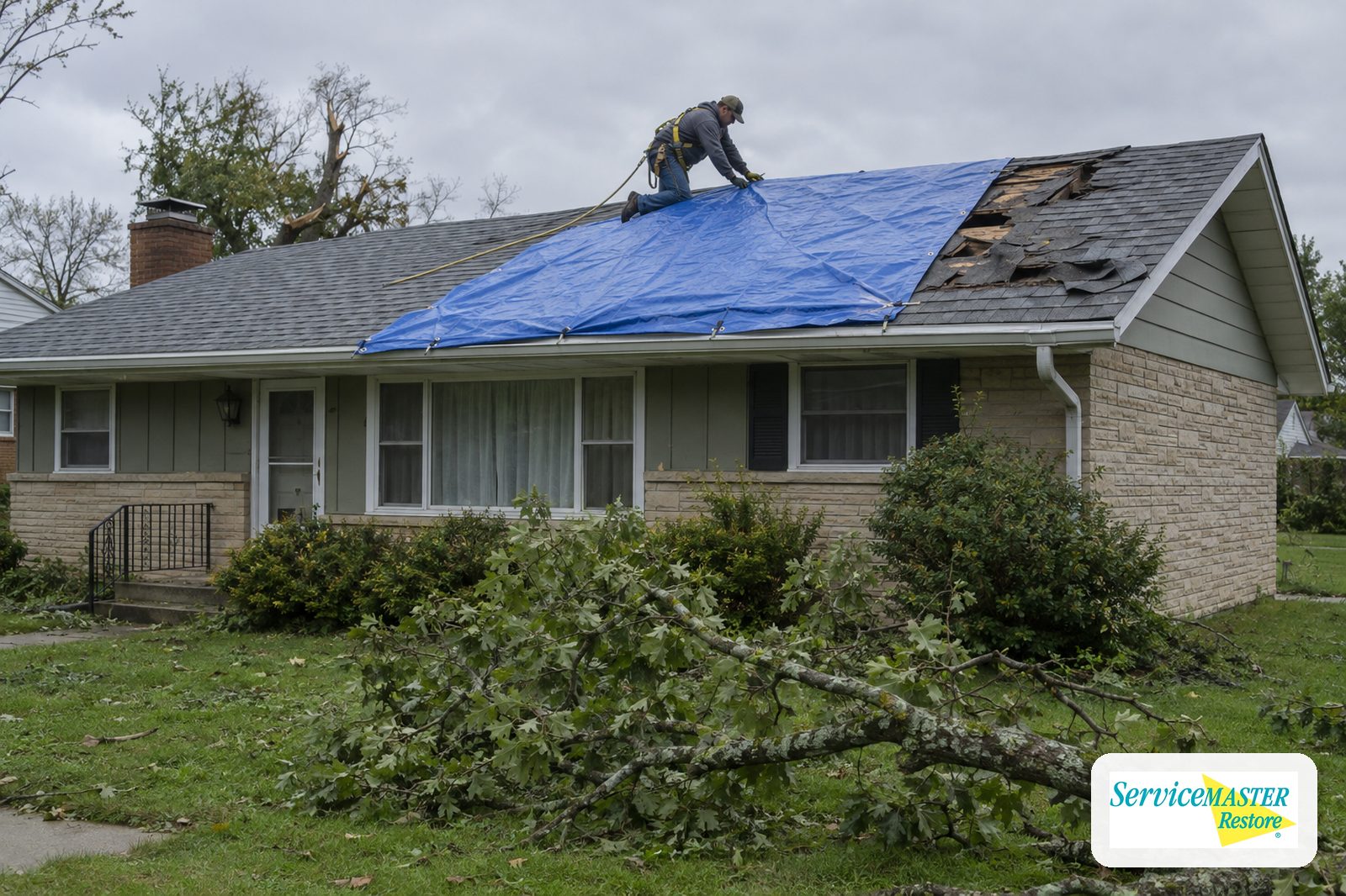 Worker securing a blue tarp over a wind-damaged ranch house roof with a fallen limb below