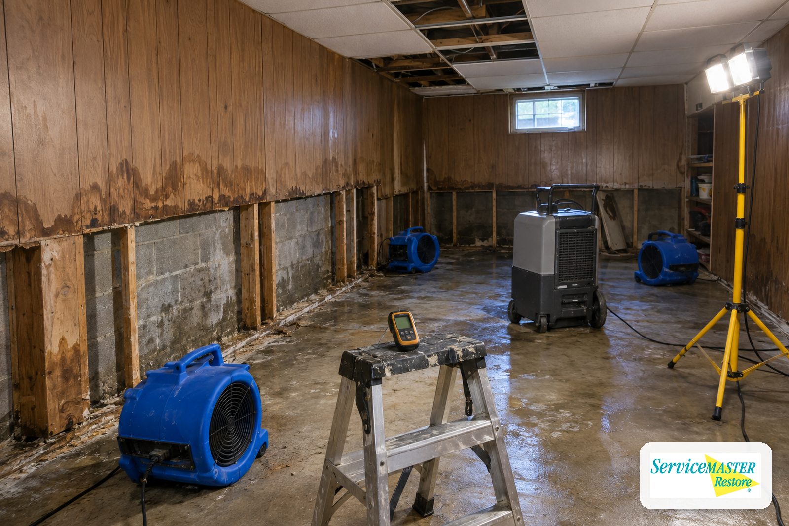 Flooded older basement with paneling removed from a block wall and drying equipment running