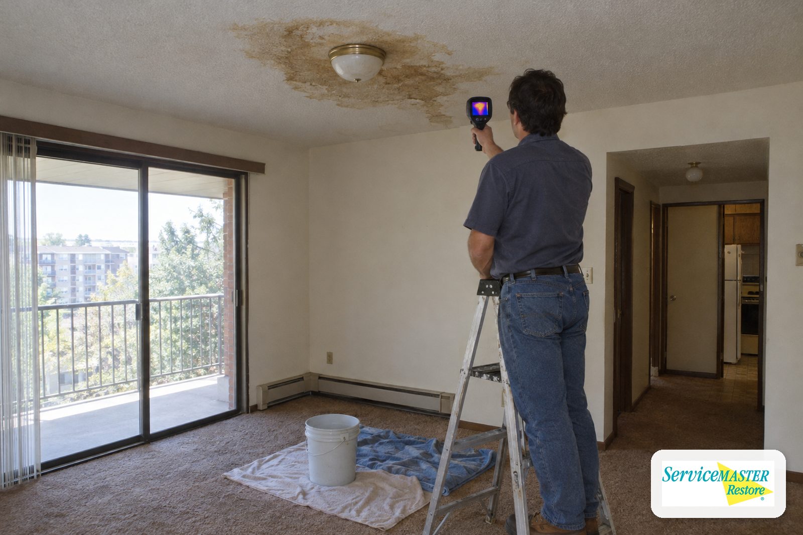 Technician on a stepladder scanning a water-stained apartment ceiling with a thermal camera above a bucket and towels