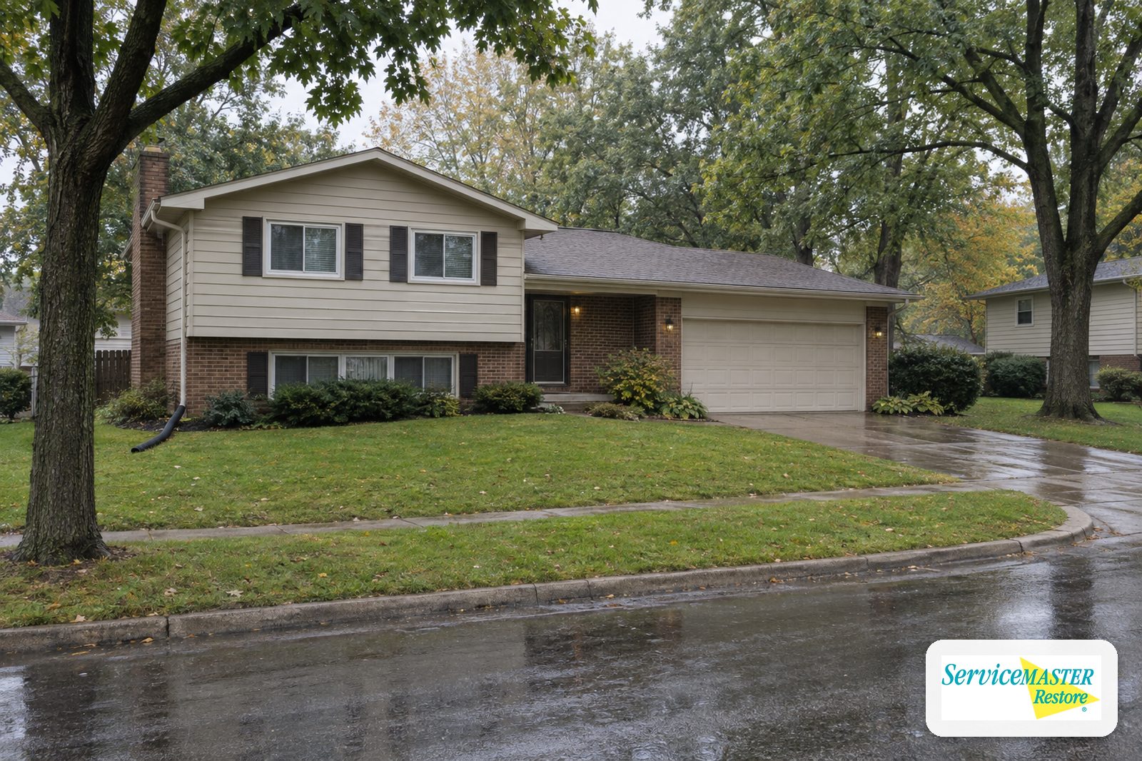 A 1970s split-level house with a brick lower level and a downspout extension on a wet suburban street after rain