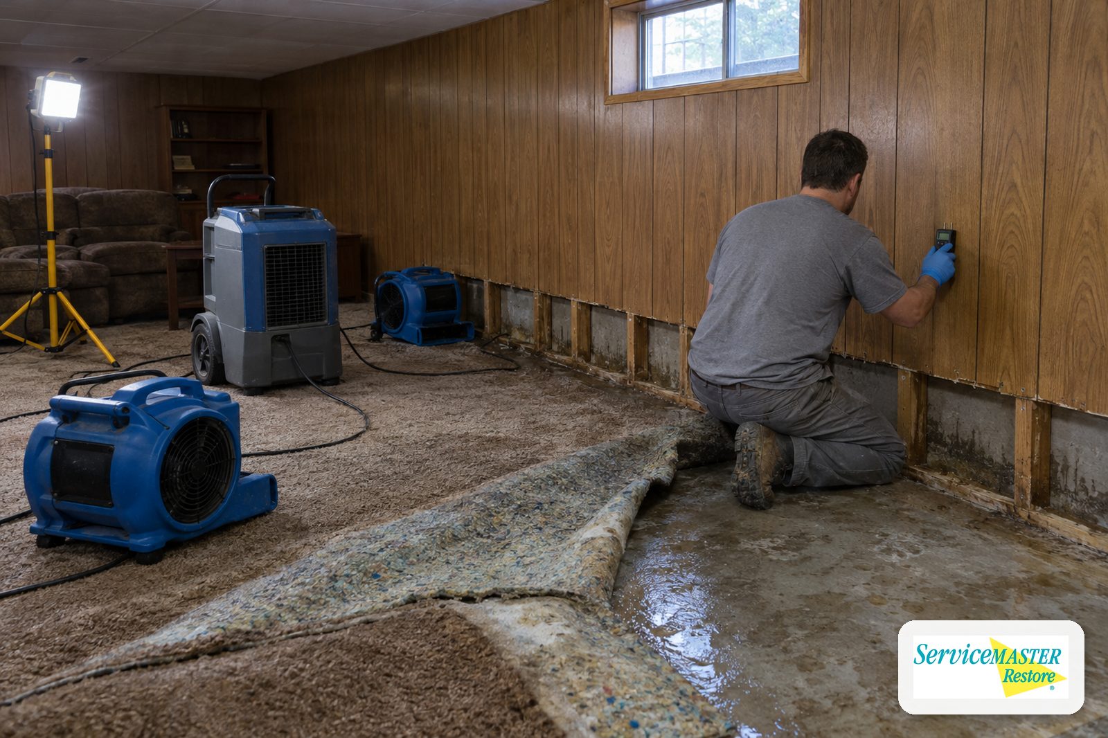 Technician checking wood paneling with a moisture meter while air movers and a dehumidifier dry a lower-level family room