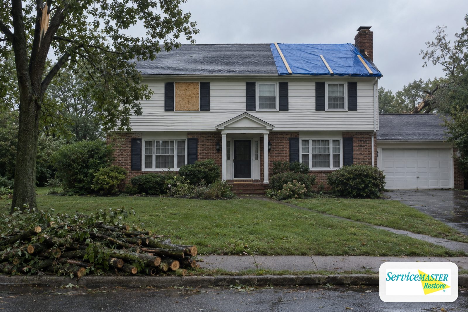 Two-story suburban house with a boarded upstairs window and a tarp over part of the roof after a storm