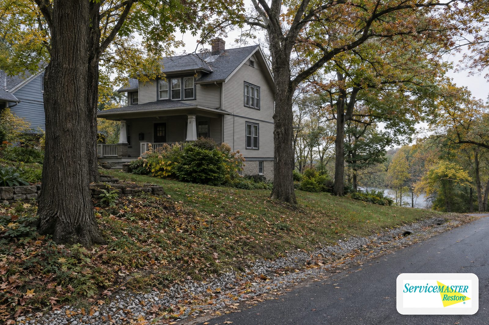 1920s two-story frame house on a sloped wooded street with a roadside drainage ditch