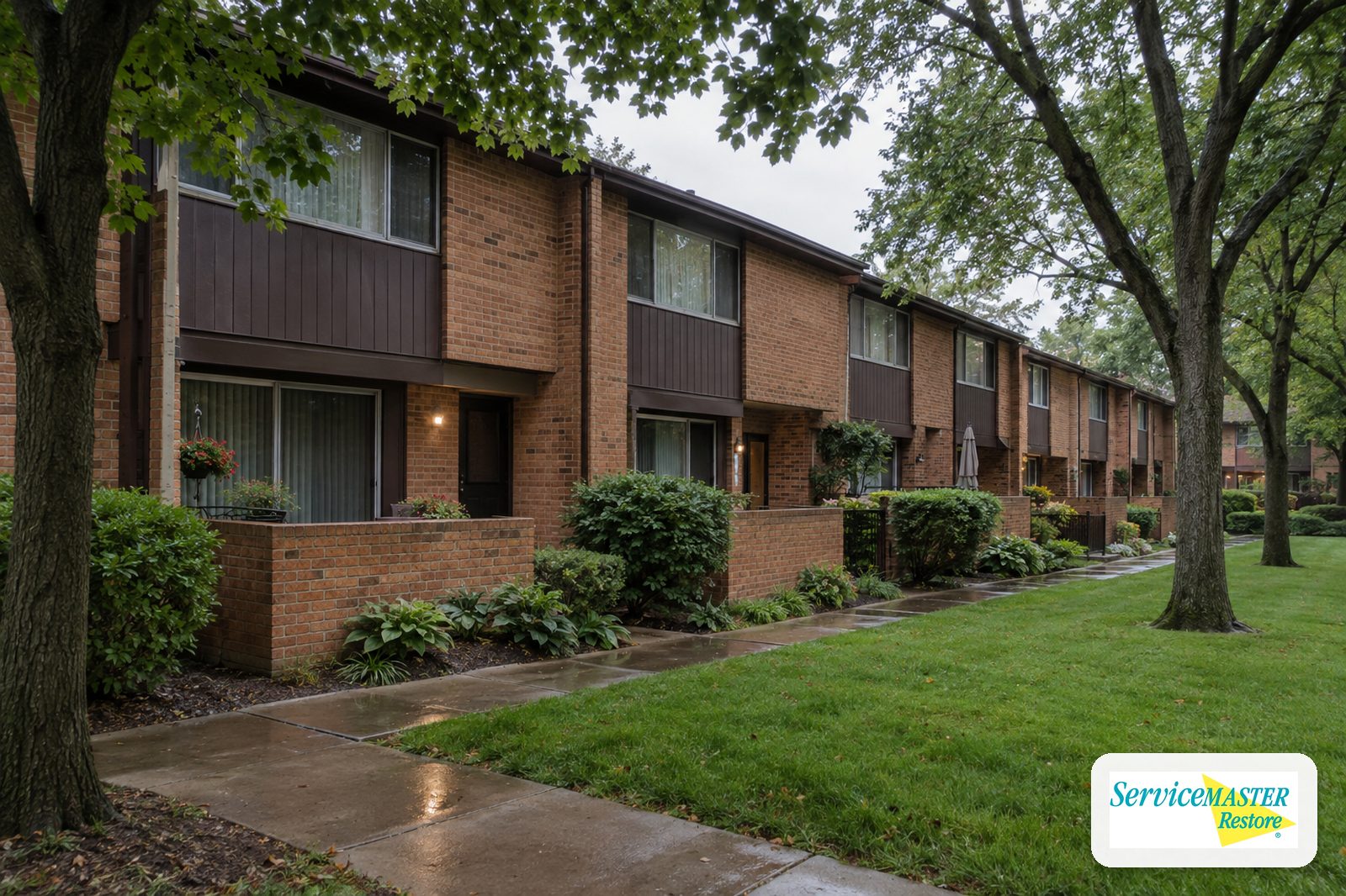 Row of 1970s two-story brick townhomes with shared walls and a common lawn after rain